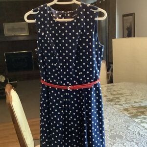 Liz Claiborne, sleeveless, navy polka dot, knee length dress